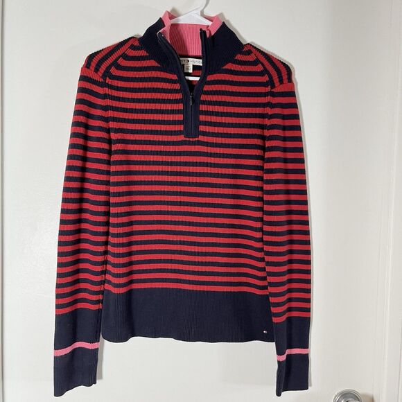 VTG Tommy Hilfiger Women Sweater 1/4 Zip Sz L Red Blue Striped Made In Japan - Picture 1 of 6